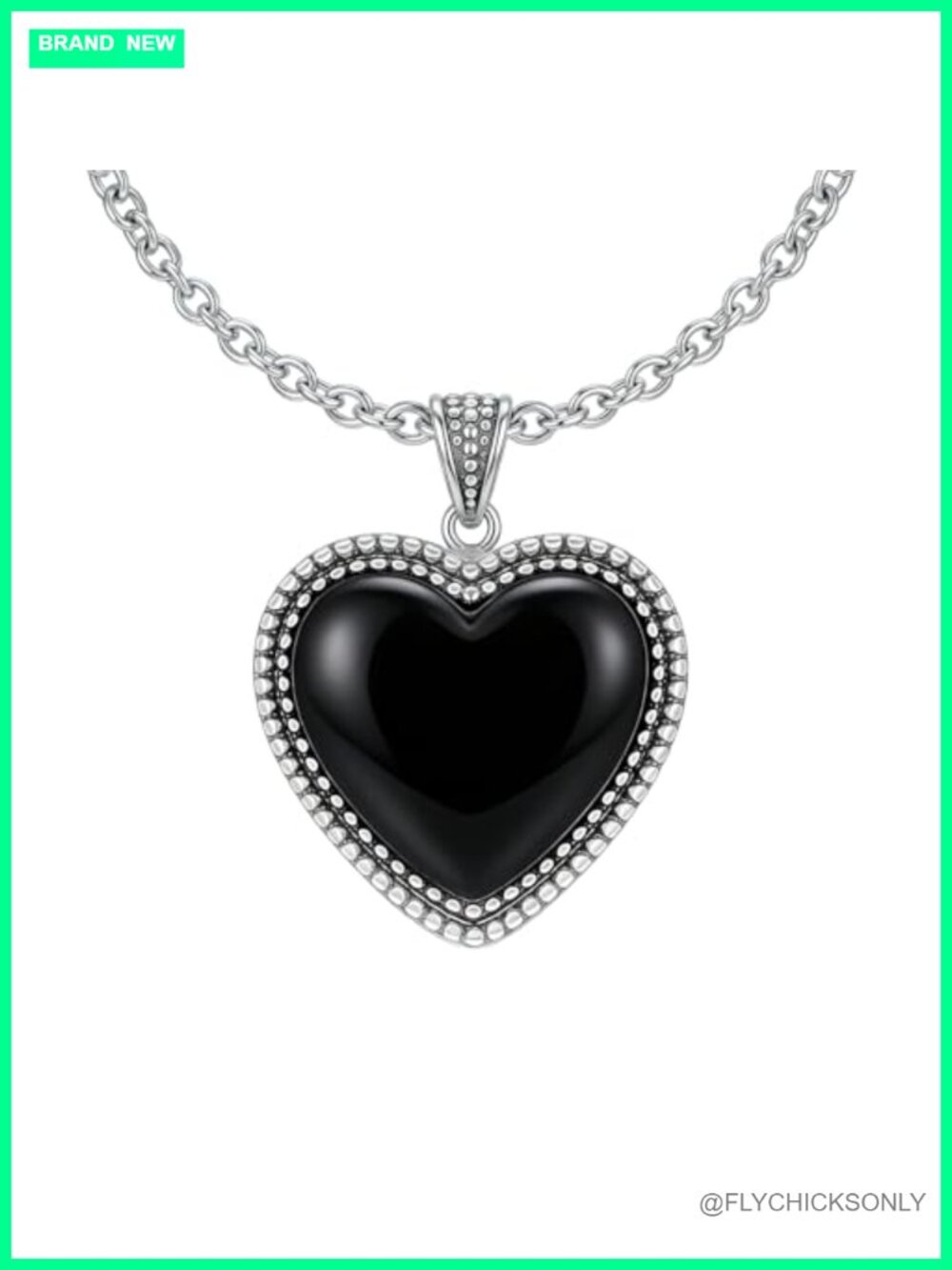 S925 Sterling Silver Vintage Heart 18mm Black Onyx Pendant Necklace